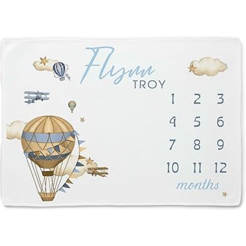 Printed in USA-Personalized Vintage Blue Beige Hot Air Balloon Milestone Blanket for Baby Boy, Monthly Baby Milestone Blanket with Name, Classic Aviation Nursery Decor, Soft Fleece Newborn Gift