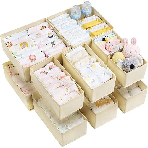 Vtopmart 12 Pack Baby Clothes Organizer, Dresser Drawer Organizer for Baby Clothing, Foldable Fabric Closet Drawer Storage Bins, Nursery Dresser Dividers for Bra, Socks, Ties, Scarf