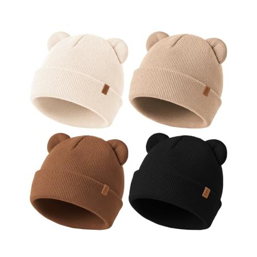 Konssy 4 Pack Baby Beanie with Bear Ear Warm Winter Hat for Newborn Infant | Cozy Double-Layer Knitted Warm Cap, Extra-Soft Stretch Beanies, Multicolor Set, Baby Winter Hat for Boys and Girls 0-6 Months