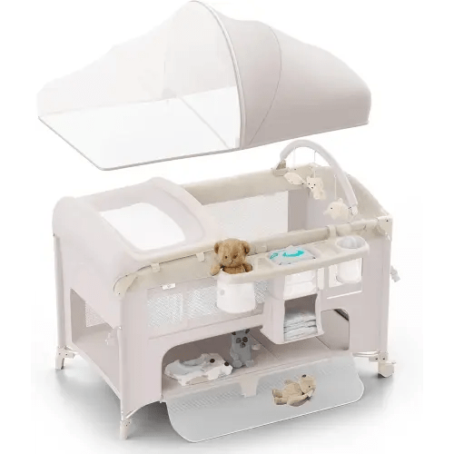 4 in 1 Baby Bassinet, Pack and Play, Bedside Crib Sleeper, Diaper Changer - Comes with Mattress, Mosquito Net，Bottom Storage and Toy Bar for Newborn to Toddles