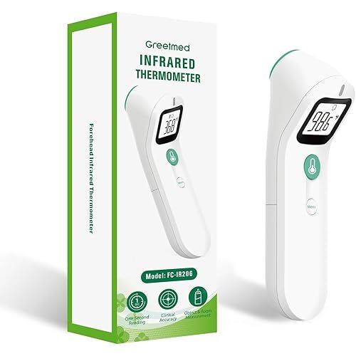Greetmed No Touch Forehead Digital Thermometer for Adults, Kids with Fever Alarm, 1s Instant Reading Large LCD Display, Multi-Mode Object Temperature (Batteries Included)