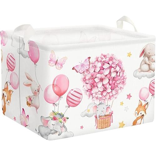 Clastyle Pink Butterfly Flower Baby Girl Basket Hot Air Balloon Animal Shower Towel Storage Bin Sleeping Elephant Rabbit Fox Shelf Basket Rectangle Clothes Toy Book Box Organizer