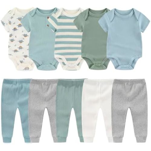 MAMIMAKA Newborn Baby Layette Gift Set 10-Piece Baby Boy Girl Short Sleeve Bodysuits with Pants Infant Outfit Essentials