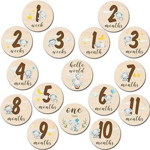 Tiamon 16 Pieces Wooden Baby Monthly Milestone Cards Monthly Milestone Marker Discs Double Sided Wooden Circles Months Signs for Baby Shower Newborn Photo Props(Blue Elephant)