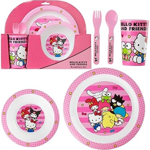 Get Trend Hello Kitty Sanrio Dinnerware Sets for Kids, 5 Pc Tableware, Plate, Bowl, Cup, Spoon, Fork, Kawaii Plates and Bowls Set, Gifts for Kids (Pink Hello Kitty)