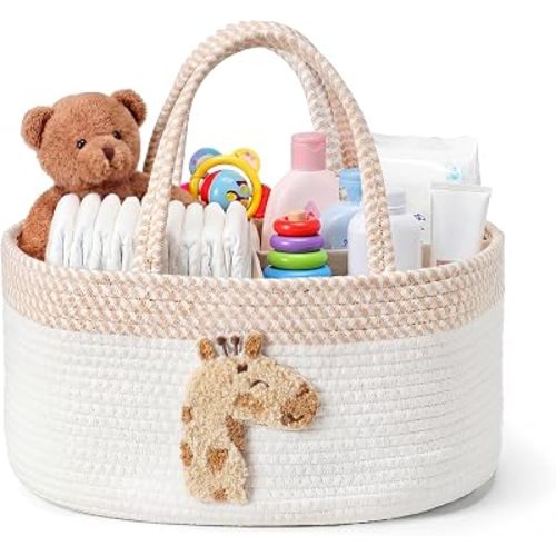 Diaper Caddy Organizer Cotton Rope Diaper Caddy Basket Cute Giraffe Empty Gift Basket Nursery Storage Bin and Car Organizer with Removable Divider Baby Shower Gifts Newborn Essentials