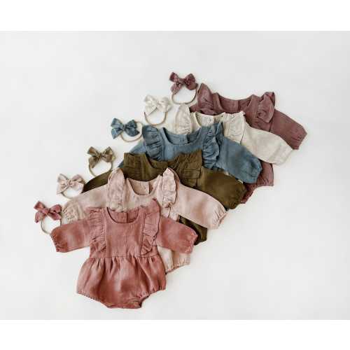 Baby Girl Linen Bubble Romper Long sleeve ruffle front|  | Gabriella with bow