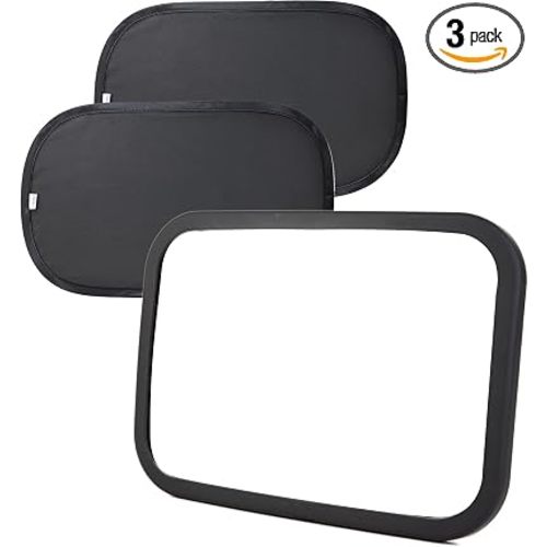 Funbliss Baby Car Mirror + 2-Pack Car Window Shades Bundle -100% Shatterproof, Wide Angle Convex