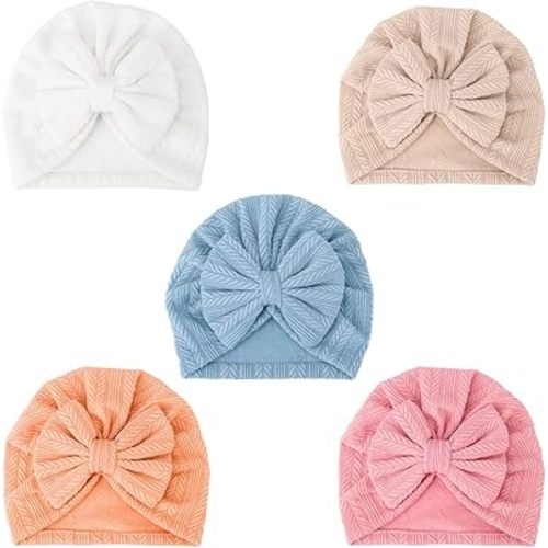 DRESHOW BQUBO 5 Pieces Newborn Baby Turban Hats Bow Baby Infant Beanie Breathable Toddler Cap for Baby Girls