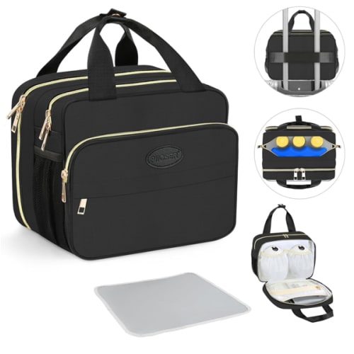 PIIOSER Insulated Baby Bottle Bag with Ice Pack, Breastmilk Cooler Compatible with Wearable Breast Pumps & Accessories - Breastfeeding On The Go Travel for Nursing & Working Moms, Black