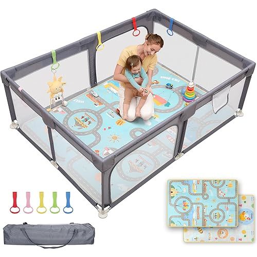 Dripex Baby Playpen with Mat, 71x47 Inch Play Pen for Toddlers 1-3 Years, Soft Breathable Visible Mesh, Indoor/Outdoor Portable Play Yard with Mat, Safe Baby Fence Play Area, Light Grey