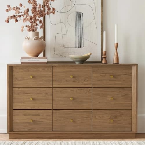 FORTUNETEC 9 Drawer Dresser, Mid Century Modern Dresser with Storage, 55" Wide Chest of Drawers with Wood Grain Texture, Drawers Organizer for Bedroom, Living Room, Hallway, Walnut
