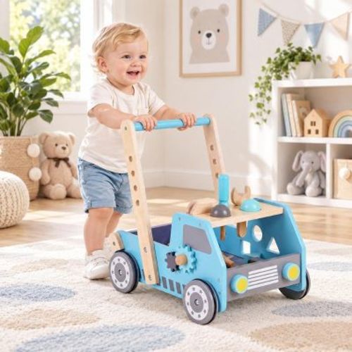 Wooden Baby Push Walker 2-in-1 Truck Toy Tool Bench with Adjustable Speed and Storage, Blue, Ages 3+
