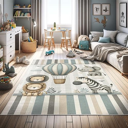Ambesonne Animals Decorative Rug, Funny Dream of Lion Pony Horn Elephant and Zebra with Stripes and Balloon, Quality Carpet for Bedroom Dorm and Living Room, 2' x 5', Blue Grey Beige Ecru