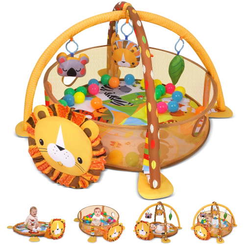 babyeap 3-in-1 Baby Gym and Play Mat, Yellow Lion Theme, Sensory Hanging Toys, 30 Balls, 0-36 Months