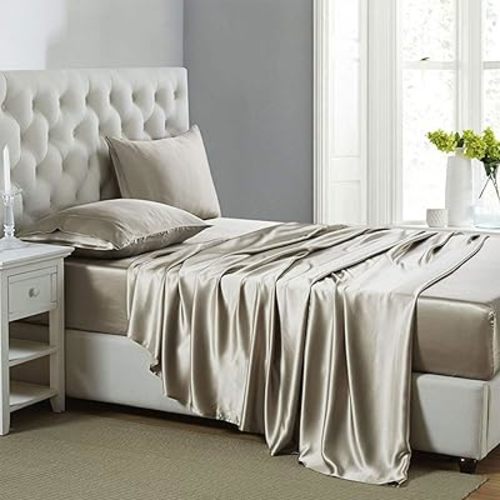 Lanest Housing Silk Satin Sheets, Full Size Satin Bed Sheet Set with Deep Pockets, Cooling Soft and Hypoallergenic Satin Sheets Full - Taupe