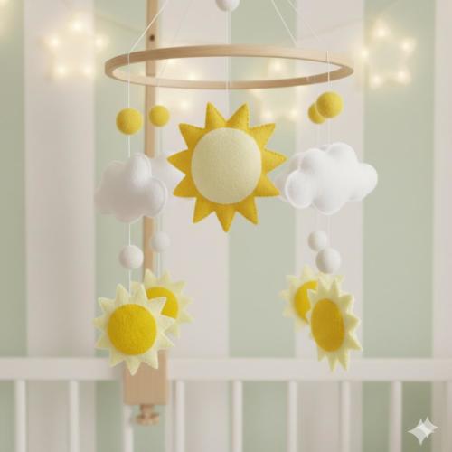 Handmade Sun and Cloud Baby Mobile – Yellow & White Nursery Decor for Crib