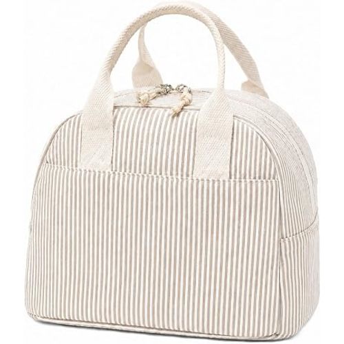 LOVELYWIND Lunch Box for Women, Insulated Lunch Bag,Brown Stripe Tote 9L