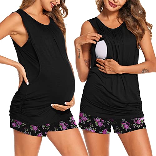 Ekouaer Women Maternity Nursing Pajama Set Breastfeeding Double Layer Pregnancy Pjs Set Sleeveless Top & Shorts with Pockets