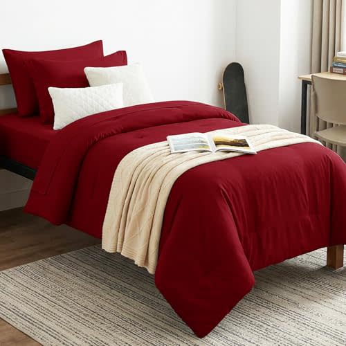 Twin XL Comforter Dark Red, 5 Pieces Bed in a Bag | College Dorm Essentials, OKEO-TEX Certified, 240GSM Down Alternative Comforter, Flat & Fitted Sheets, Pillowcase & Sham