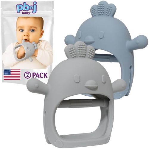 Silicone Teether Glove, Baby Toys 0-6 Months, Mittens for Infants use as Teething Pacifier, Teething Toys 3-6 Months, Teethers for Babies 6-12 Mon, 6 Mo Old Must Haves - 2 Pack Gray/Blue