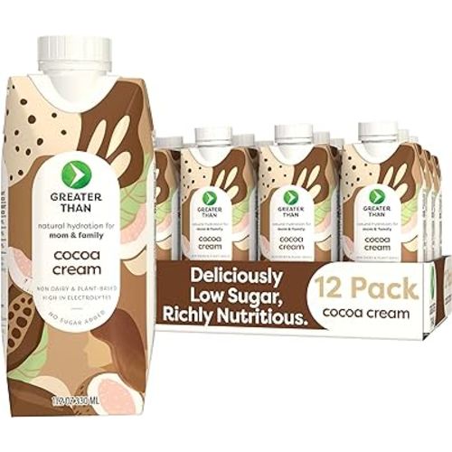 Greater Than Vegan Breastfeeding Support & Breast Milk Supply Aid, Organic Postpartum Nursing Supplement with No Sugar Added, Gluten Free & Keto All Natural, Coconut Water Electrolyte Drink, Cocoa Cream (12 Pack)