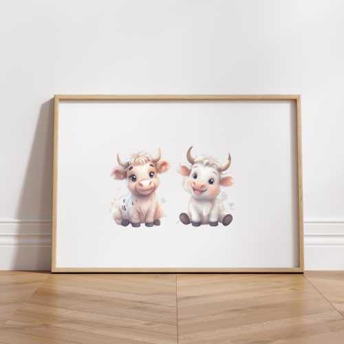 Two Adorable Cartoon Highland Cows with Horns Baby Bedroom Nursery Playroom Print Wall Art
