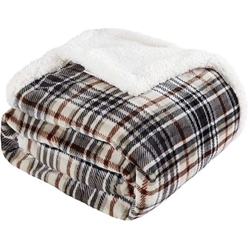 Touchat Sherpa Plaid Throw Blanket, 60" X 70"Fuzzy Fluffy Cozy Soft Blanket, Fleece Flannel Plush Twin Size Microfiber Blanket for Couch Bed Sofa (Brown)