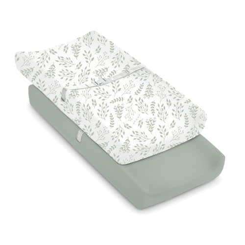 Yoofoss 2-Pack Changing Pad Covers for Baby, Ultra Soft Breathable Changing Table Pad Cover, Green+Leaf