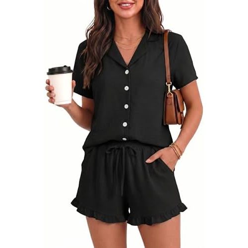 CRAZY GRID Women's 2 Piece Lounge Sets Summer Matching Outfits Short Sleeve Top and Drawstring Shorts Loungewear