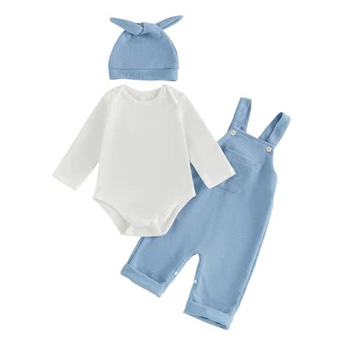 Newborn Baby Boy Clothes Infant Long Sleeve Romper Waffle Suspender Overalls Pants Hat Set Fall Winter Outfits