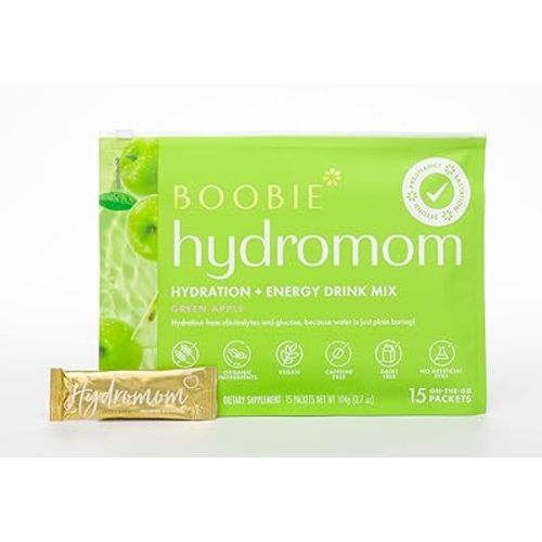 Boobie Hydromom Superfood Electrolyte Drink Mix, Green Apple | Refreshing Energy & Hydration Boost for Mamas | On-The-Go & Travel Essentials for Pregnancy, Lactation, & Beyond, 15 Packets