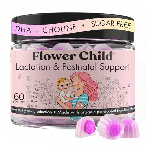 Flower Child Breastfeeding Gummies for Milk Production with Organic Moringa, Milk Thistle, Choline & DHA, Lactation Supplement Postnatal Recovery Vitamins, Fenugreek Free, Vegan, 60 Count