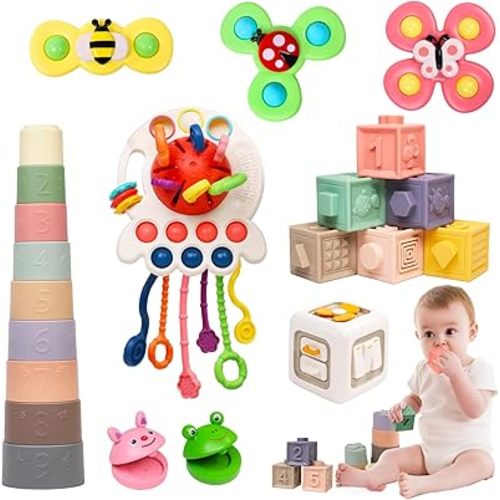 Baby Toys 6-12 Months, 6 in 1 Montessori Toys for Toddlers 1-3, Infant Sensory Pull String Toy, Fidget Spinners Soft Baby Blocks Stacking Cups, Baby Gifts for 1 Year Old