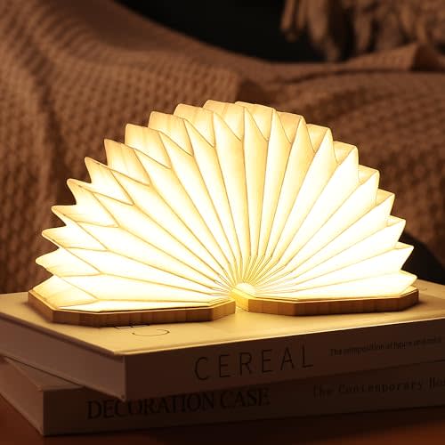 Uniwolk Battery Operated Lamp, Rechargeable Table Lamp Paper Lamp, Folding Book Light 1200mAh, Japanese Desk Lamp with 2 Colors, Folding Wooden Book Lamp, Novelty Book Lovers Gifts &Library Book Decor