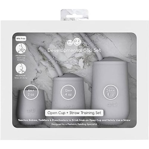 ezpz Developmental Cup Set (Pewter) - 100% Silicone - Teaches Babies, Toddlers, and Preschoolers to Drink from an Open Cup and Safely Use a Straw - Designed by a Pediatric Feeding Specialist