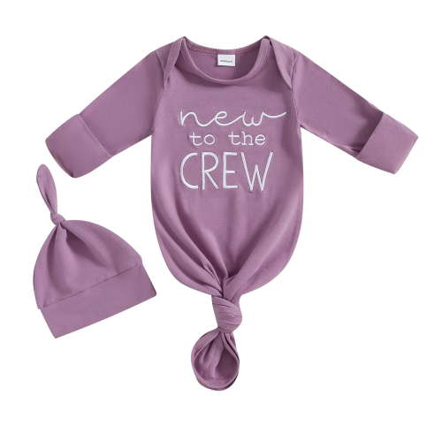 WUANDIXFA Boy Girl Coming Home Outfit Baby Sleeper Gown Nightgown Outfits Cute Fall Winter Pajamas and Hat (Dark Purple, 0-3 Months)