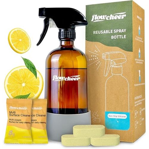 flowcheer Multi-Purpose Cleaner Starter Kit-Lemon Scent all purpose cleaner concentrate,cleaning tablets (6 Refill tablets) with Reusable Spray Bottle Multi-Surface Cleaner, 6x17fl oz