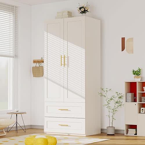 White Wardrobe with 2 Doors: 75" Tall Armoire Wardrobe Closet with 2 Drawers, Bedroom Closet Cabinet for Hanging Clothes, Wooden Storage Armoire with Shelves (Contemporary, 1)