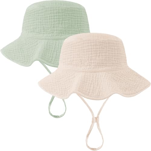 2 Pack Muslin Baby Sun Hat UPF 50+ Sun Protection Baby Bucket Hat with Wide Brim Beach Hats for Boys Girls