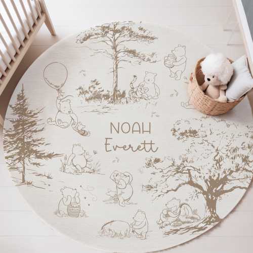 Personalized Toile de Jouy Winnie-the-Pooh Carpet Brown French Toile Pooh Bear Rug Pink Mat For Girl Nursery Rug Boy Bedroom Mat Custom B22