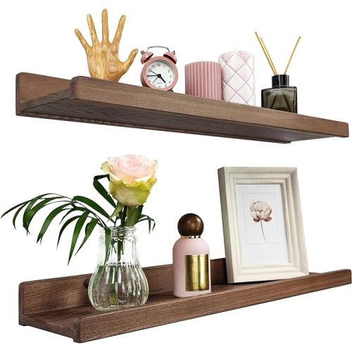 Floating Shelves for Wall 24 inch, Waterproof, Wall Storage Shelves with Lip, Display Picture Ledge Shelf for Photo Frame, Natural Wood Hanging Book Shelves (American Walnut, Set 2)