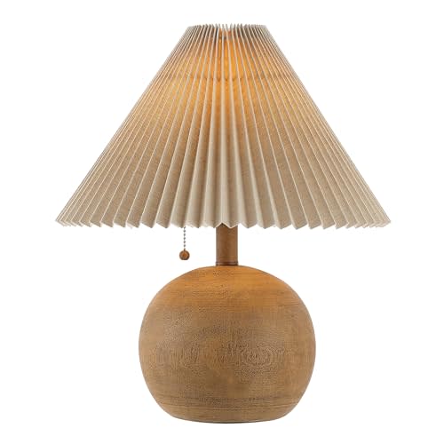 JONATHAN Y 17.25" Brown Wood Finish Sphere Table Lamp, Mid-Century Bedside Nightstand with Beige Pleated Linen Shade, Scandinavian Coastal Style, LED Bulb Included JYL1145A