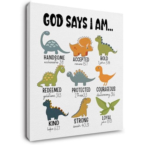 Ryeolo Kids Dinosaur Canvas Prints Wall Art - Animal Prints Wall Art, Safari Nursery Decor, Baby Girl Boy Nursery Wall Decor, God Says I Am Dinosaur Wall Art for Kids Living Room 12x16 Inches, white