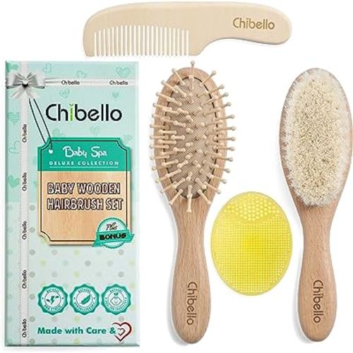 Chibello 4 Piece Wooden Baby Hair Brush and Comb Set Natural Goat Bristles Hair Brush for Cradle Cap Treatment Wood Bristle Brush for Newborns and Toddlers Best Baby Shower and Registry Gift