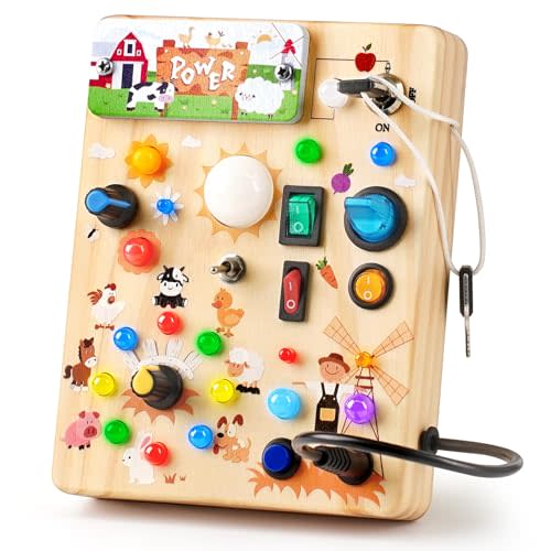 Joyreal Montessori Busy Board Wooden Sensory Toys for Toddler with LED Light Up Switch, Baby Fidget Board Travel Toys for 18+ Months, 1 2 3 Year Old Boys Girls Toddler Toy Gifts (Farm)