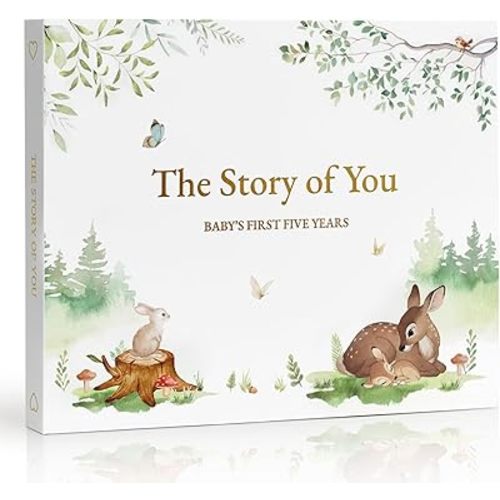 Keepsake Baby Memory Book for Boys and Girls - First 5 Year Baby Book - Monthly Milestone Book - Gender Neutral Journal Scrapbook Photo Album from Birth to Age 5 - Baby Shower & New Mom Gift, Forest