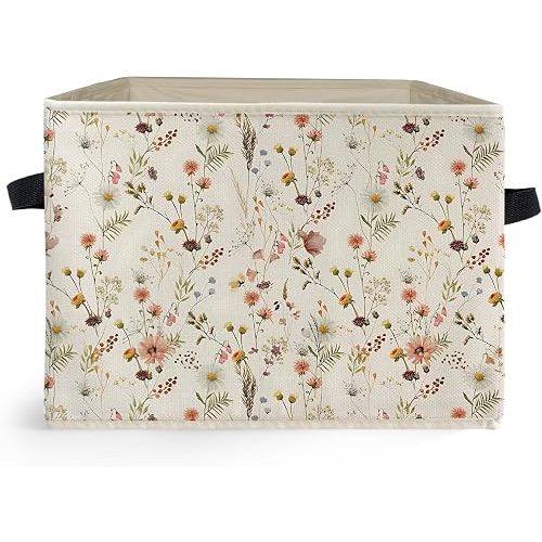 Rustic Floral Storage Box Bins, Vintage Wildflower Botanical Cottagecore Collapsible Storage Basket Organizer for Bedroom Laundry Room Home Clothes Books, Decor for Room
