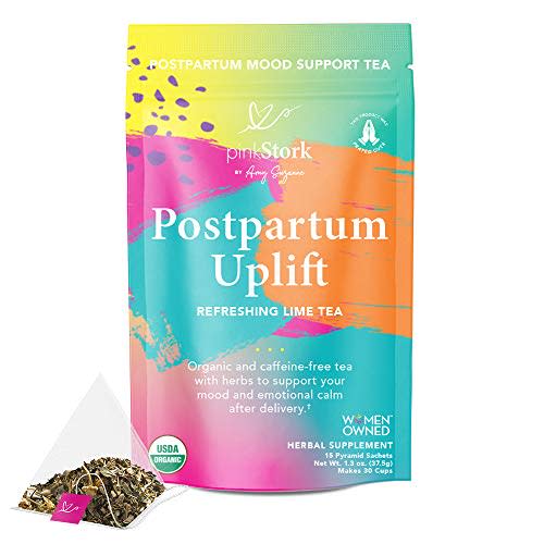 Pink Stork Postpartum Uplift: Refreshing Lime Postpartum Mood Support Tea, 100% Organic Chamomile + Lavender, Postpartum Essentials for Hormones + Emotions + Mood, Women-Owned, 30 Cups