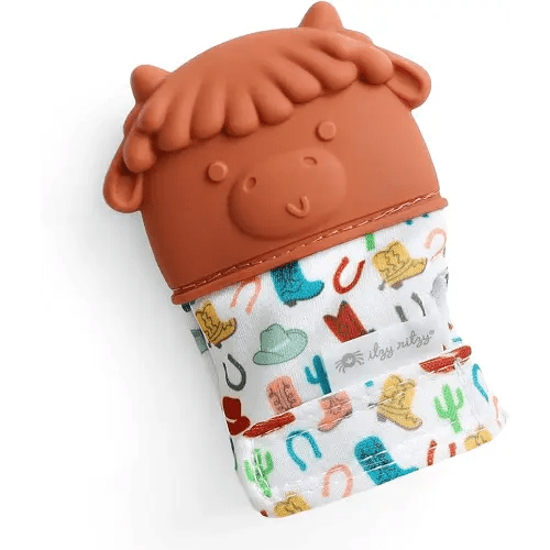 Itzy Ritzy Silicone Teething Mitt - Soothing Infant Teething Mitten with Adjustable Strap, Crinkle Sound & Textured Silicone to Soothe Sore & Swollen Gums - for Ages 3 Months & Up (Cow)